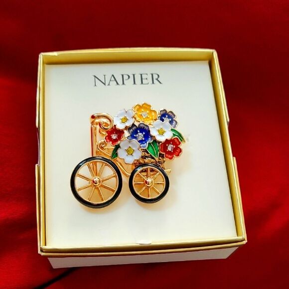 Napier Jewelry - Napier Gold Floral Cart Brooch with Colorful Accents